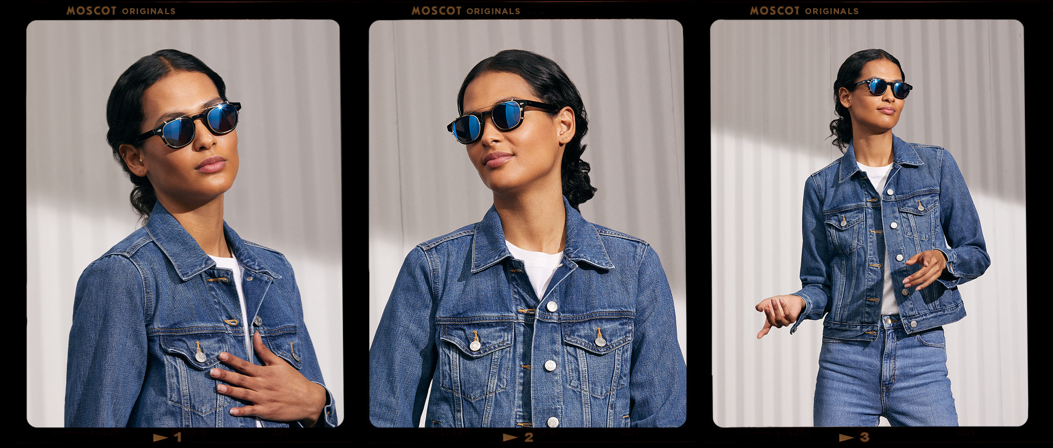 Model is wearing The CLIPTOSH in Gold in size 46 with Blue Mirror Lenses
