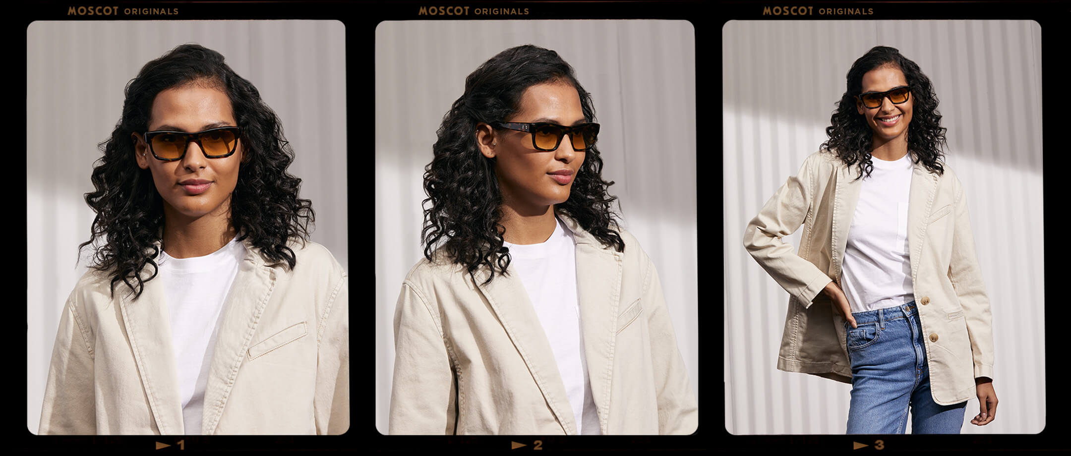 Model is wearing The NUDNIK SUN in Tortoise in size 50 with Amber Tinted Lenses