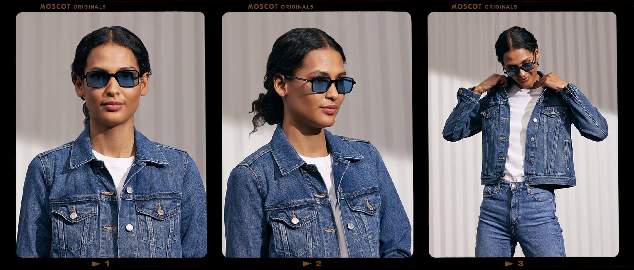 Model is wearing The SHINDIG Black in size 50 with Celebrity Blue Tinted Lenses