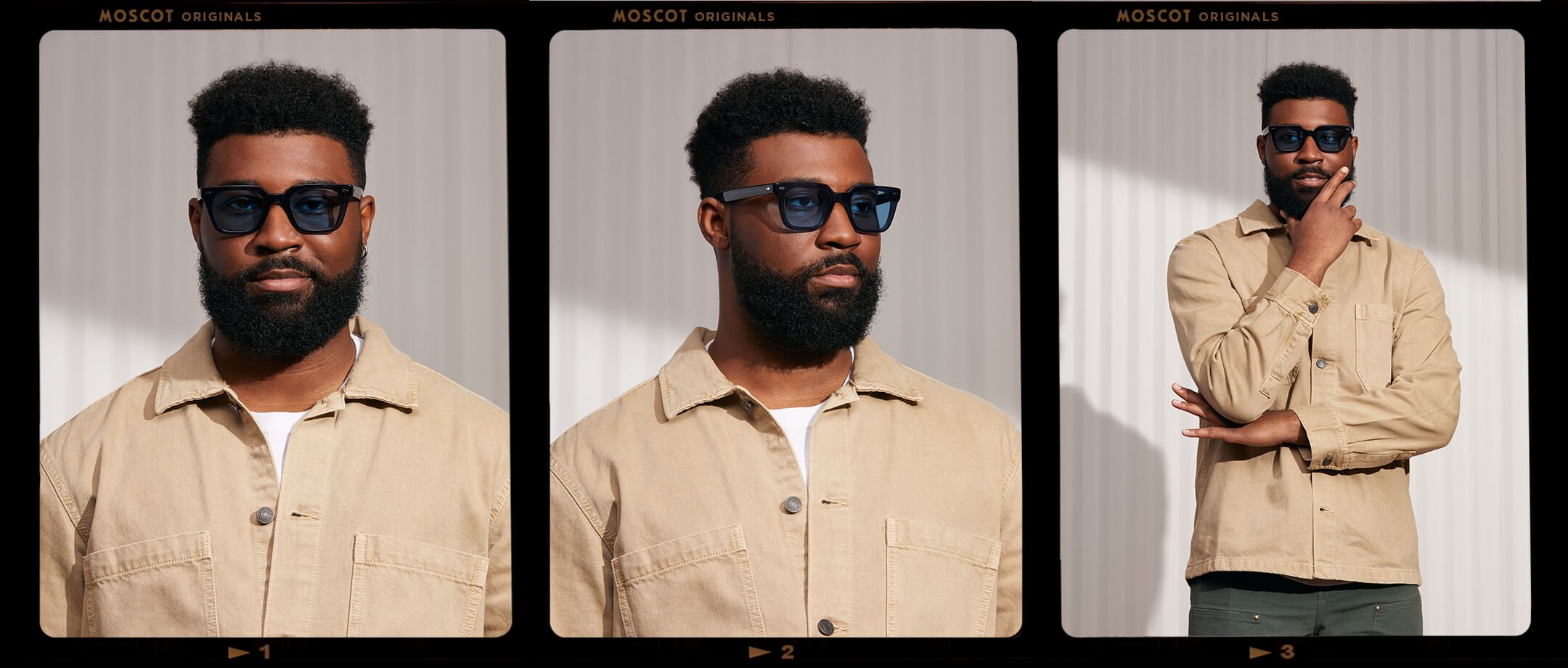 Model is wearing The GROBER SUN in Navy in size 48 with Celebrity Blue Tinted Lenses
