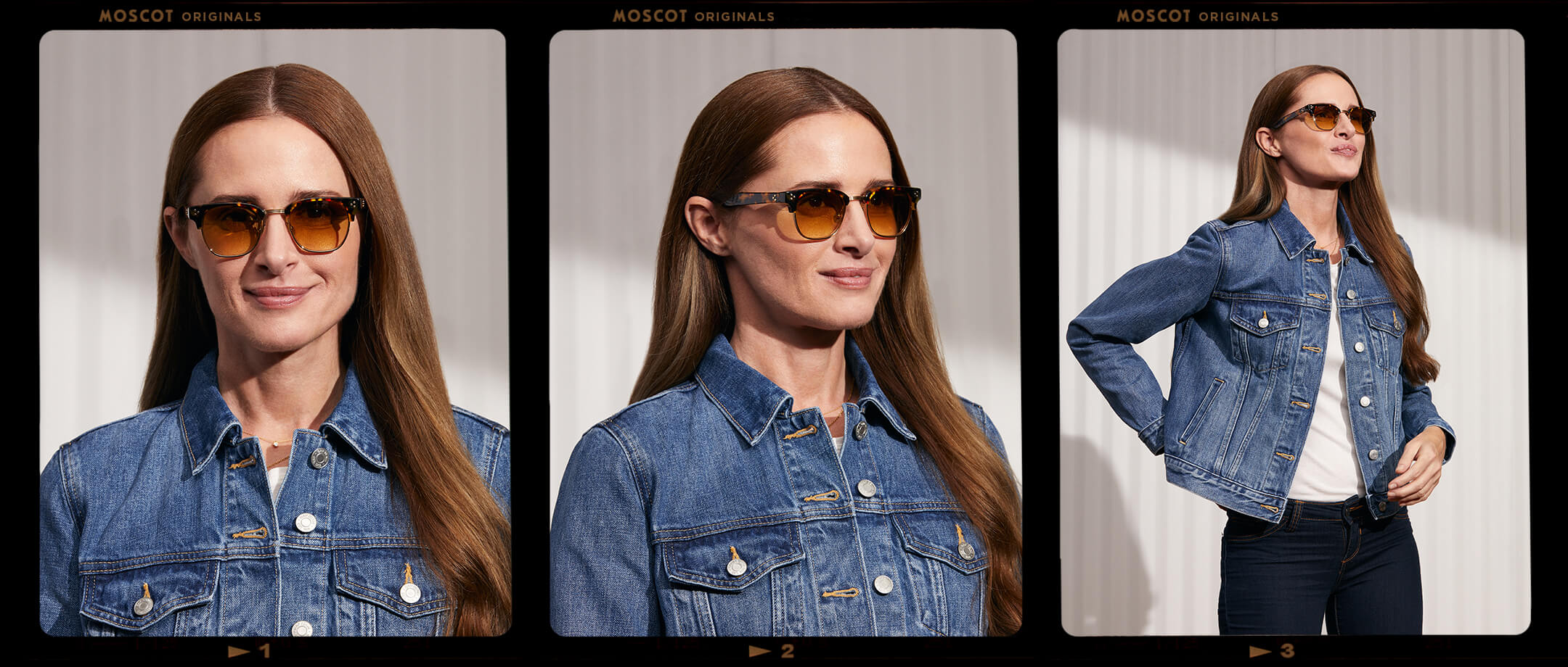 Model is wearing The TINIF SUN in Tortoise/Gold in size 48 with Chestnut Fade Tinted Lenses