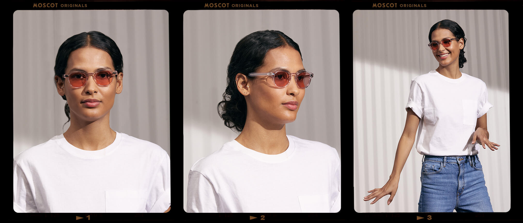 Model is wearing The LEMTOSH in Blush in size 46 with New York Rose Tinted Lenses