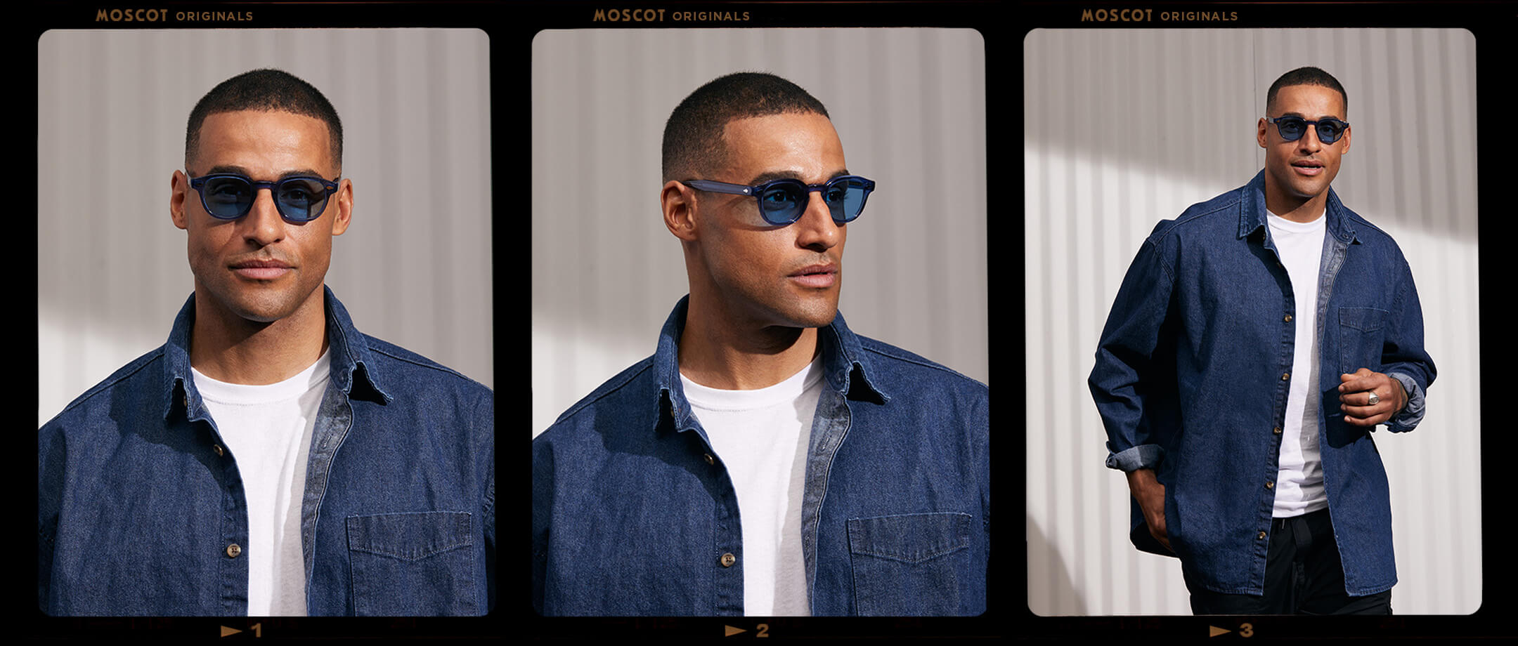 Model is wearing The LEMTOSH in Sapphire in size 46 with Celebrity Blue Tinted Lenses