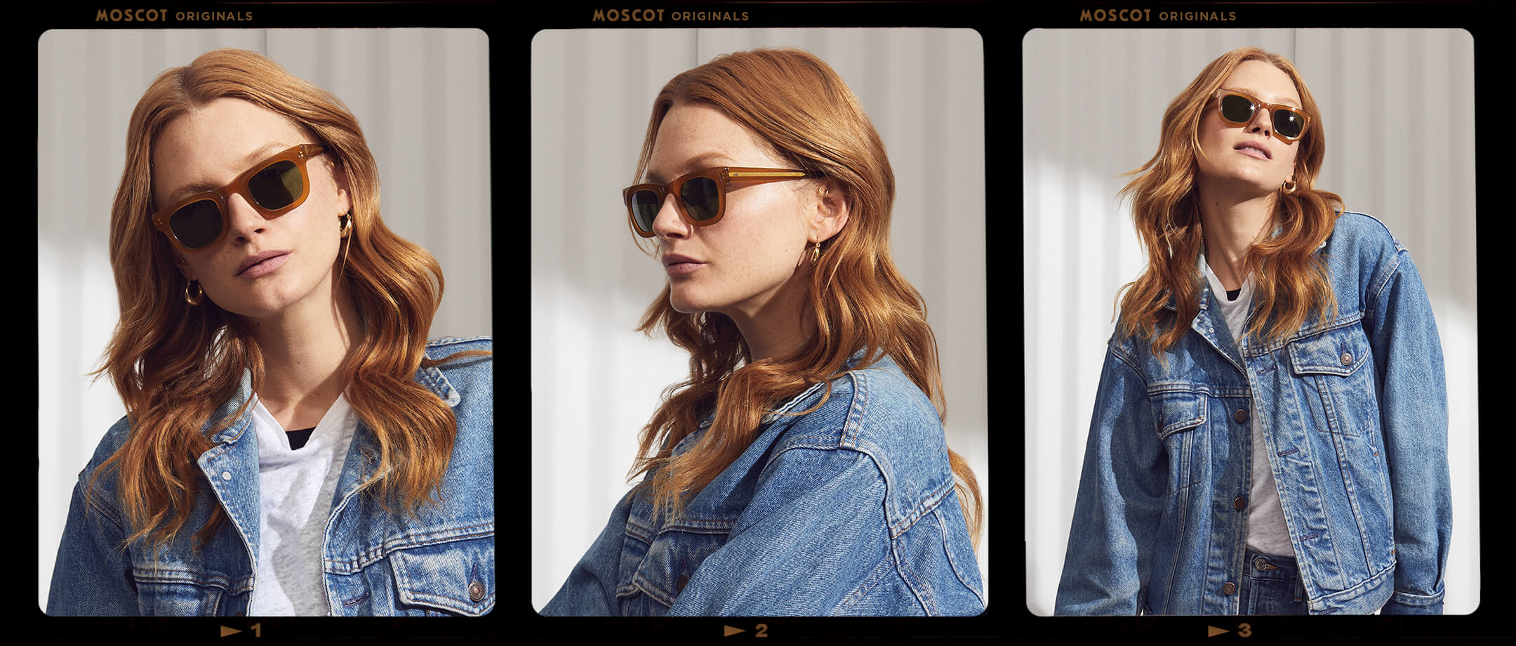 Model is wearing the FRITZ SUN in Butterscotch in size 44 with Calibar Green Glass Lenses