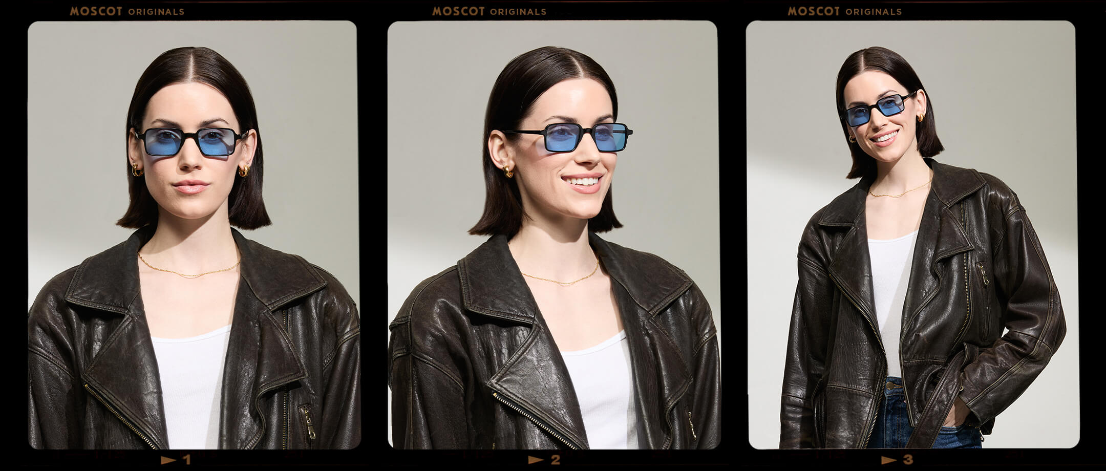Model is wearing The SHINDIG Black in size 50 with Celebrity Blue Tinted Lenses