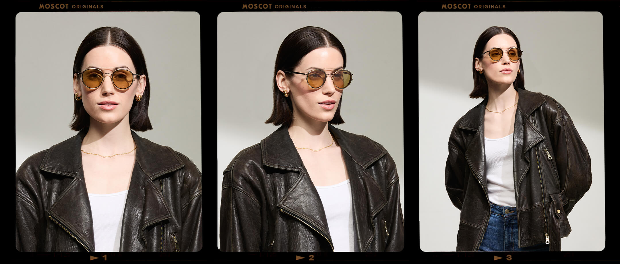 Model is wearing The ZEV CLIP in Gold in size 49 with Amber Tinted Lenses