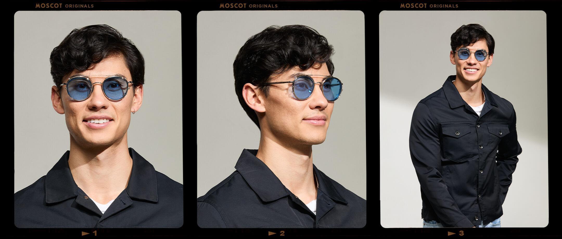 Model is wearing The ZEV CLIP in Gold in size 49 with Celebrity Blue Tinted Lenses