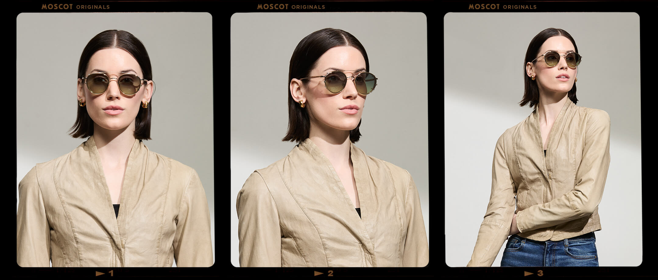 Model is wearing The ZEV CLIP in Gold in size 49 with Forest Wood Tinted Lenses