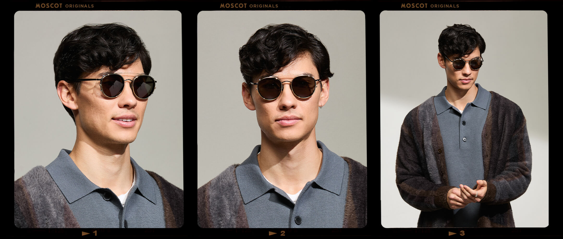 Model is wearing The ZEV CLIP in Gold in size 49 with G-15 Tinted Lenses