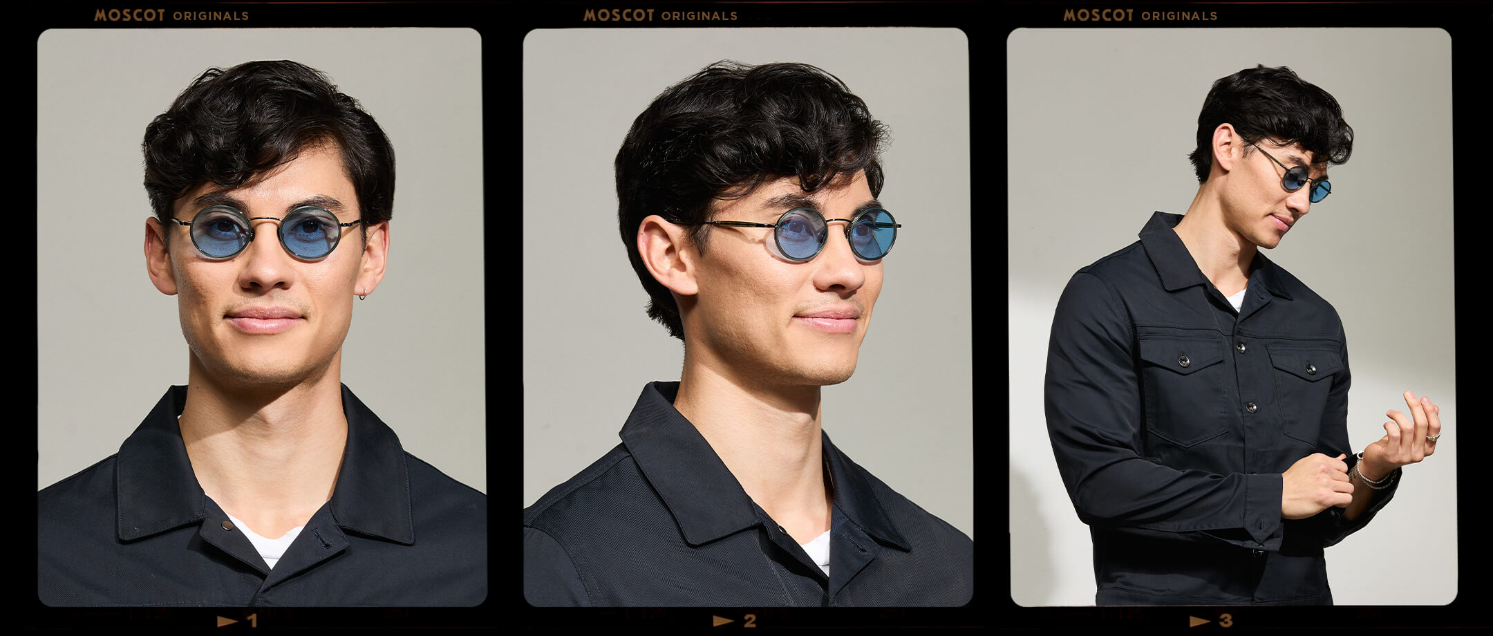 Model is wearing The COSNIC SUN in Pine in size 44 with Celebrity Blue Tinted Lenses