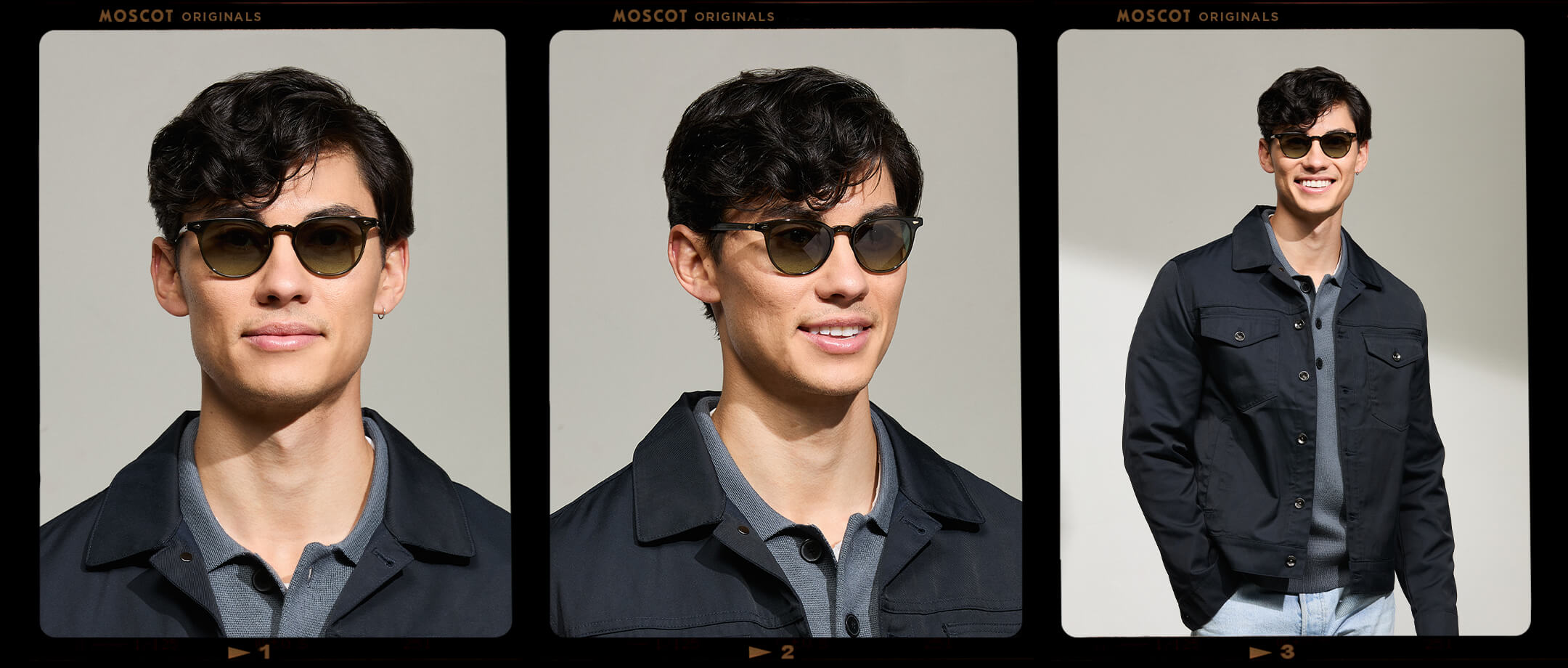 Model is wearing The FEVEL SUN in Dark Green in size 49 with Forest Wood Tinted Lenses