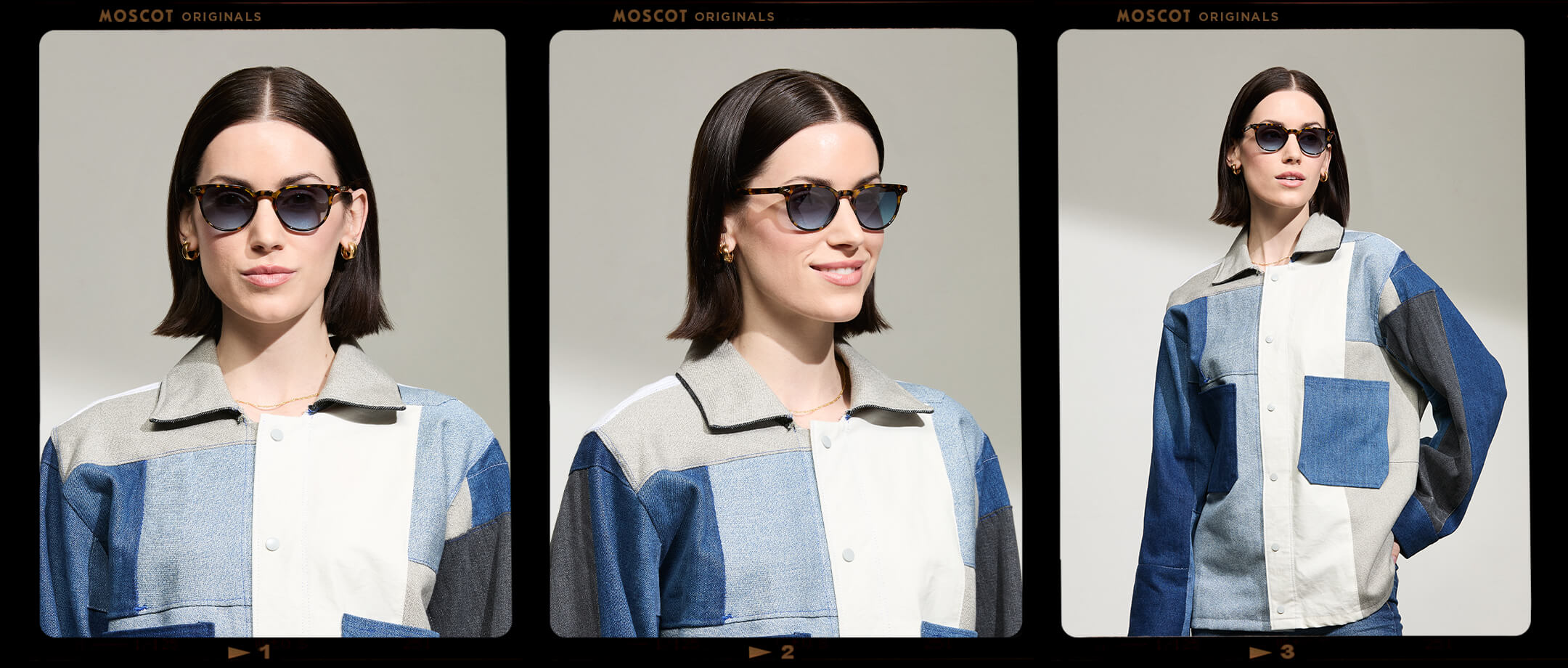 Model is wearing The FEVEL SUN in Tortoise in size 49 with Denim Blue Tinted Lenses