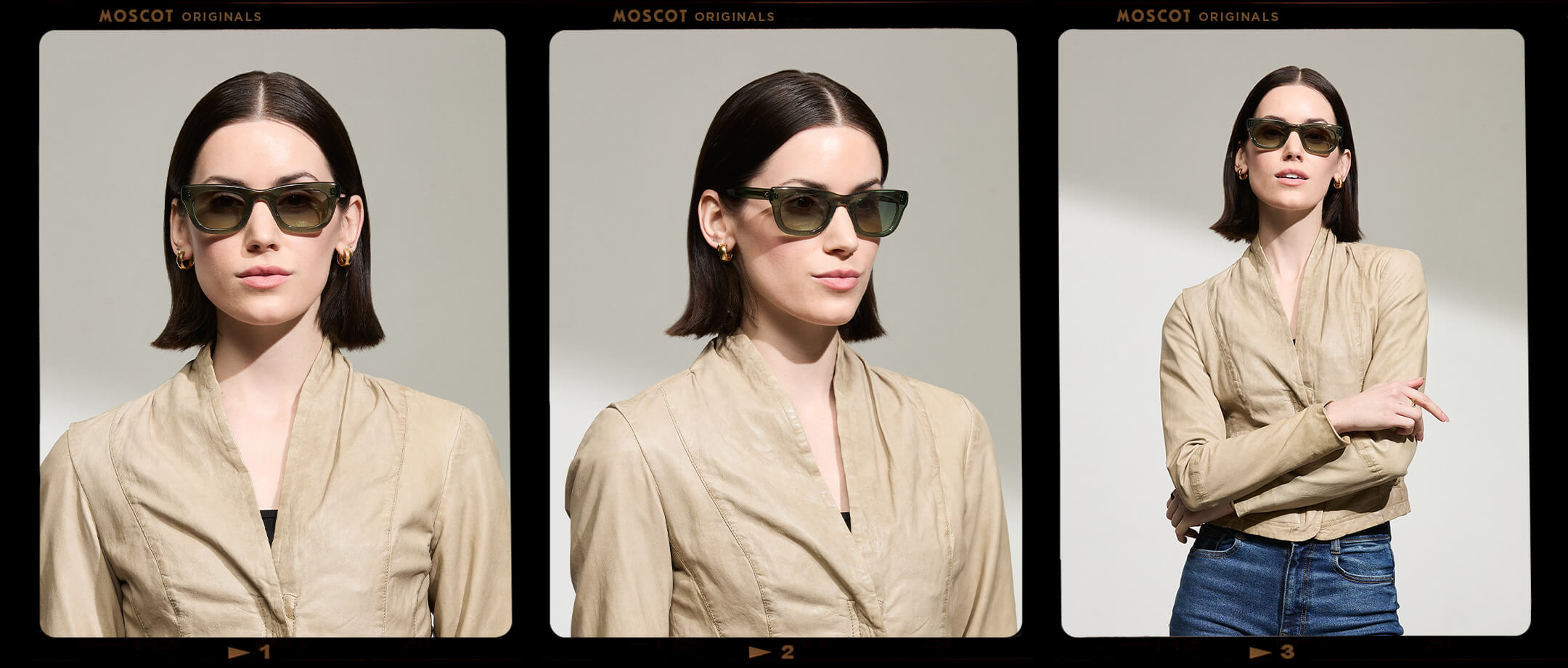 Model is wearing The SPILKES SUN in size 48 in Pine with Forest Wood Tinted Lenses 