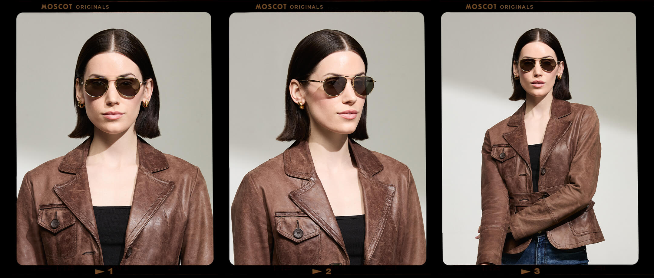 Model is wearing The TRAIF SUN in size 52 in Bamboo with G-15 Tinted Lenses