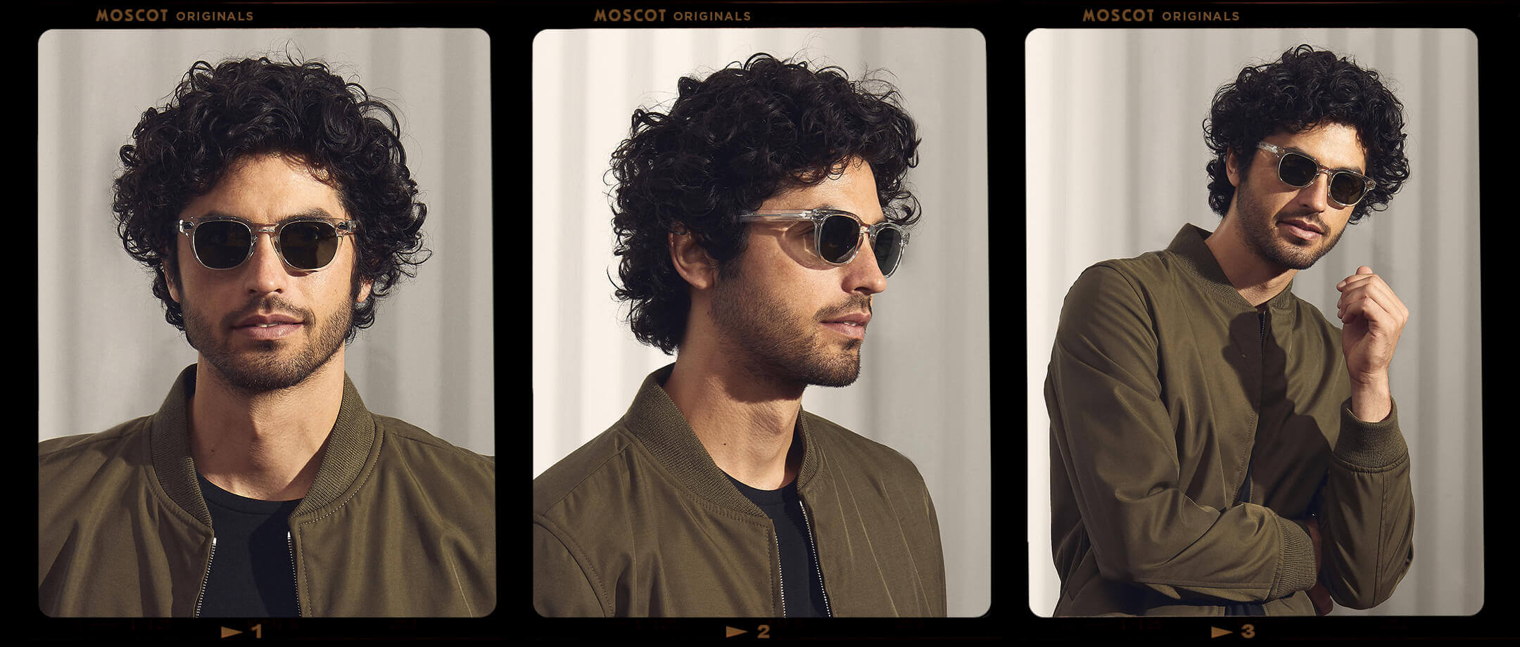Model is wearing The GELT SUN in Crystal in size 46 with G-15 Glass Lenses