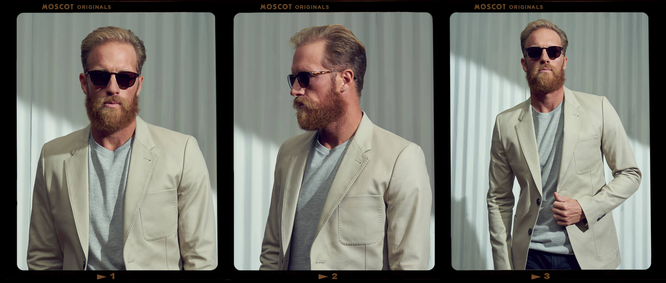 Model is wearing The GENUG SUN in Spot Tortoise/Gold in size 50 with Cosmitan Brown Glass Lenses