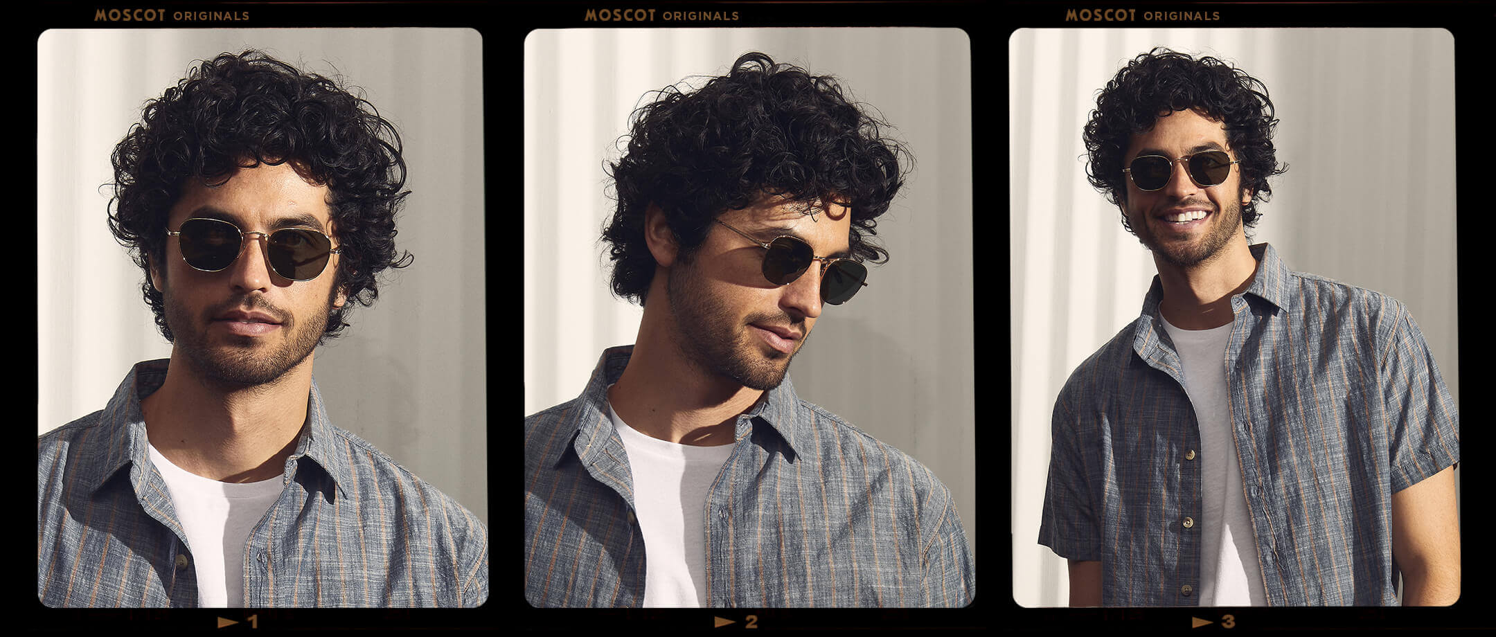 Model is wearing The KIBITS SUN in Gold in size 51 with G-15 Glass Lenses