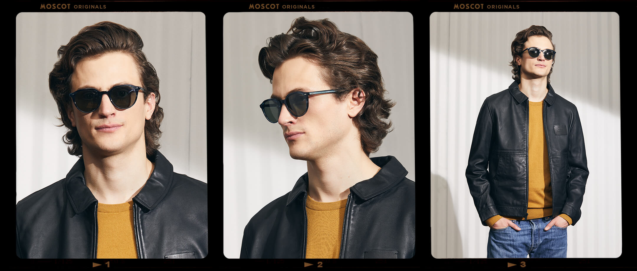 Model is wearing The KITZEL SUN in Ink in size 50 with G-15 Glass Lenses