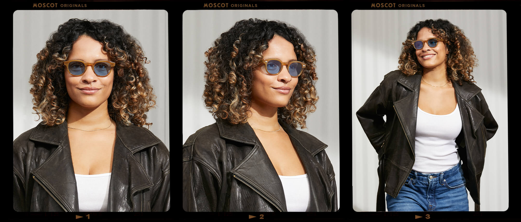 Model is wearing The LEMTOSH in Blonde in size 46 with Celebrity Blue Tinted Lenses