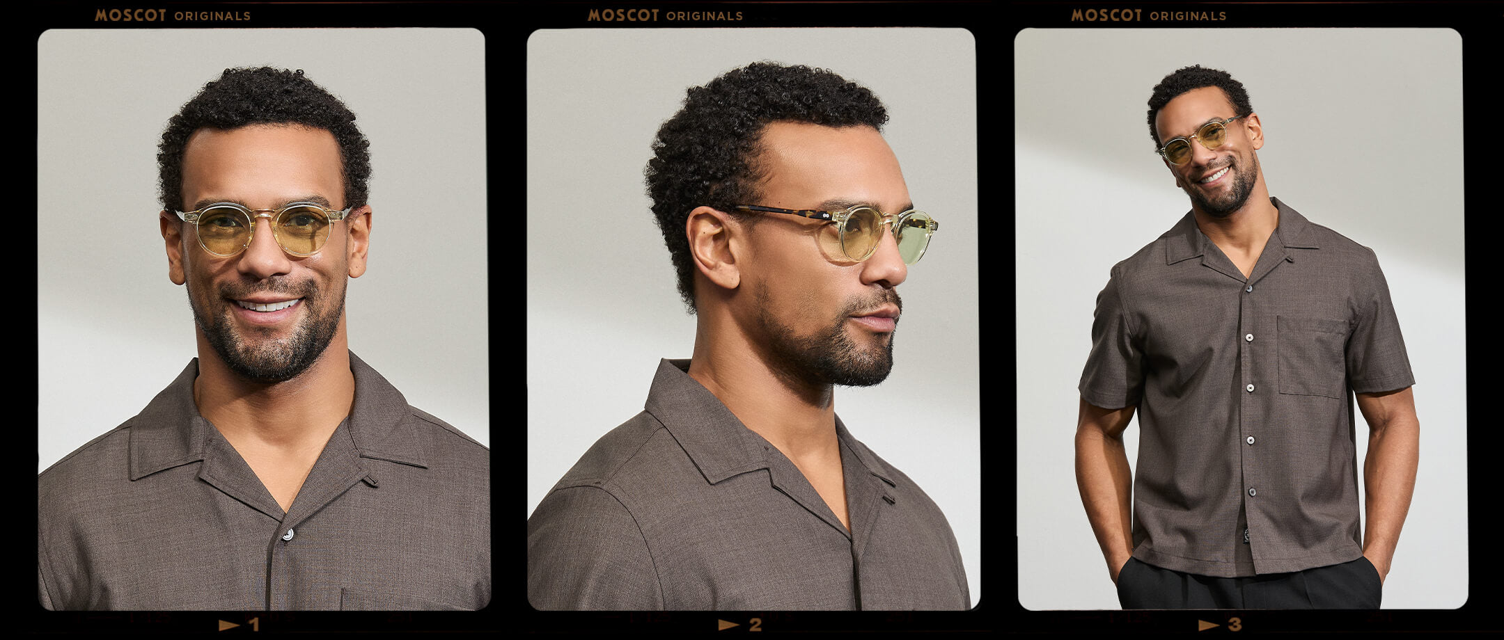 Model is wearing The MILTZEN in Citron/Tortoise in size 46 with GREEN+ Lenses