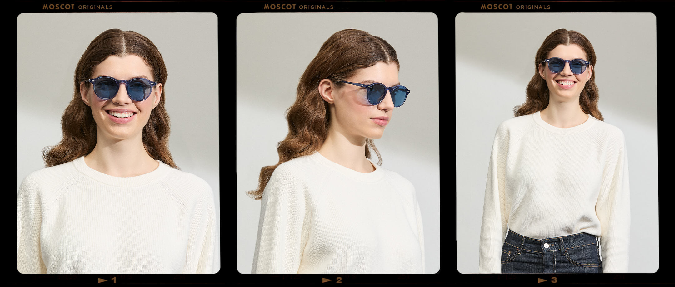 Model is wearing The MILTZEN in Sapphire in size 49 with BLUE+ Lenses