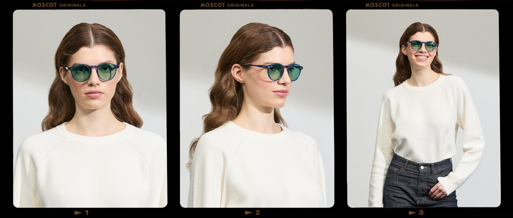 Model is wearing The MILTZEN in Sapphire in size 49 with GREEN+ Lenses