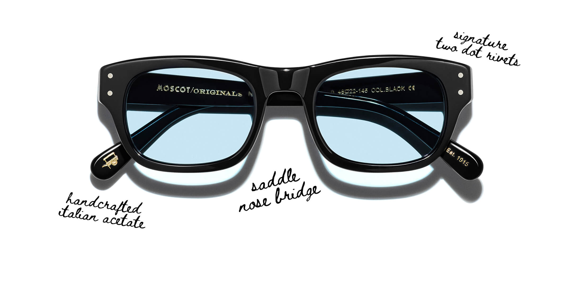 The NEBB: Handcrafted Italian acetate, saddle nose bridge, and signature two dot rivets