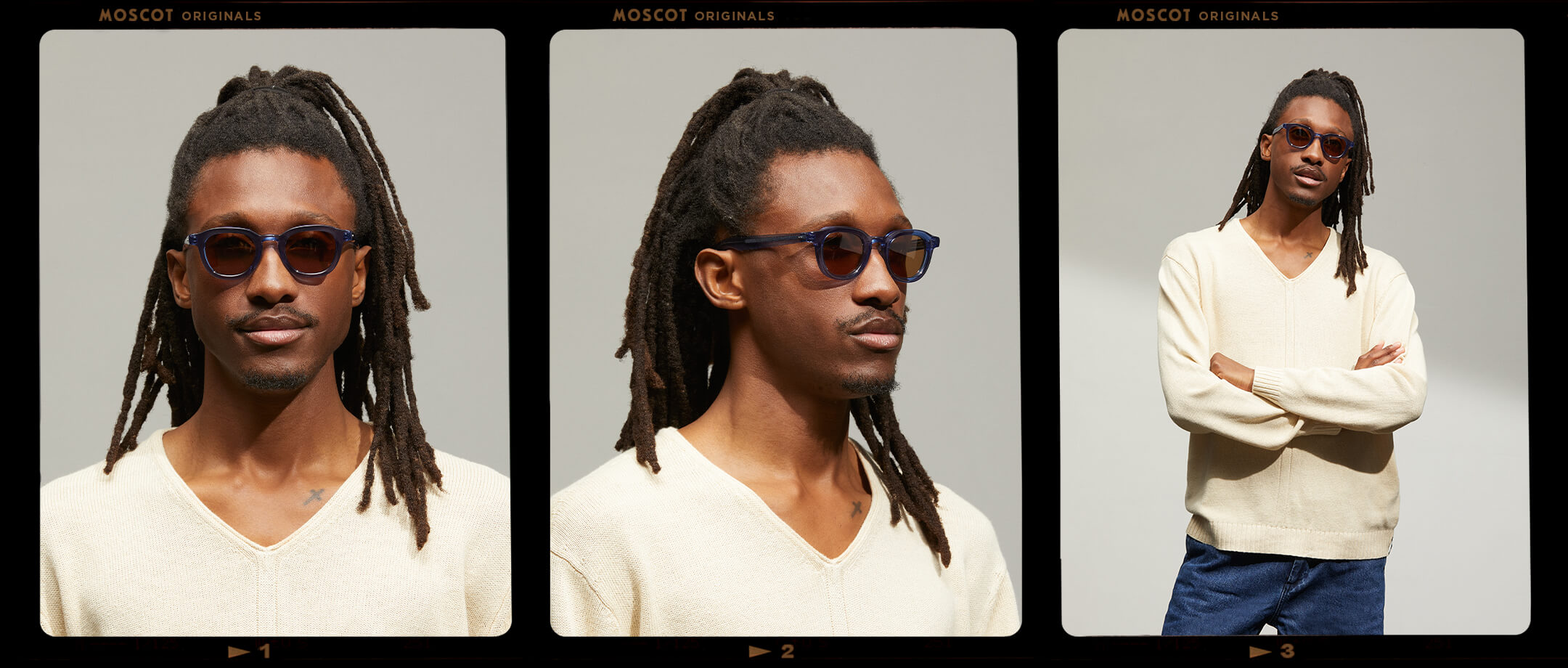 Model is wearing The DAHVEN in Navy size 44 with AMBER+ Tinted Lenses