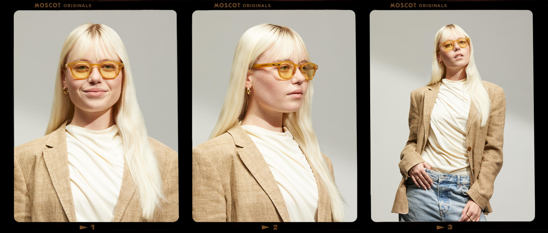 Model is wearing The LEMTOSH in Blonde in size 46 with Pastel Yellow Tinted Lenses