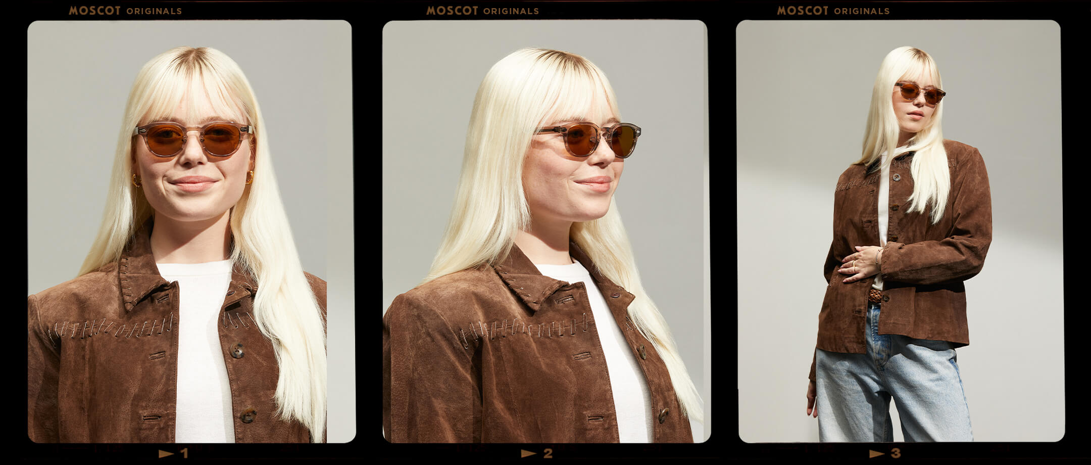 Model is wearing The LEMTOSH SUN with Metal Nose Pads in Brown Ash in size 46 with Cosmitan Brown Glass Lenses