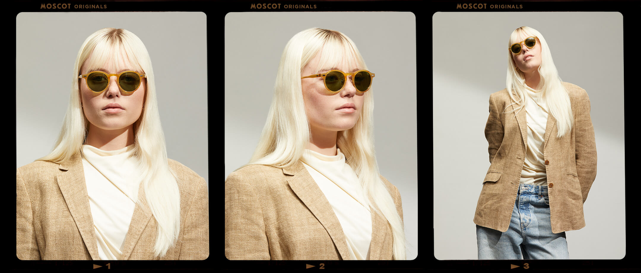Model is wearing The MILTZEN SUN W/ METAL NOSE PADS in Blonde in size 46 with Calibar Green Glass Lenses