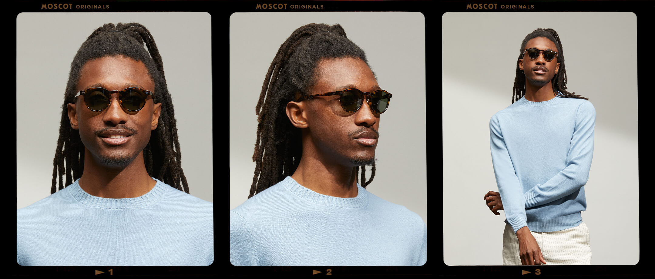 Model is wearing The MILTZEN SUN W/ METAL NOSE PADS in Tortoise in size 46 with G-15 Glass Lenses