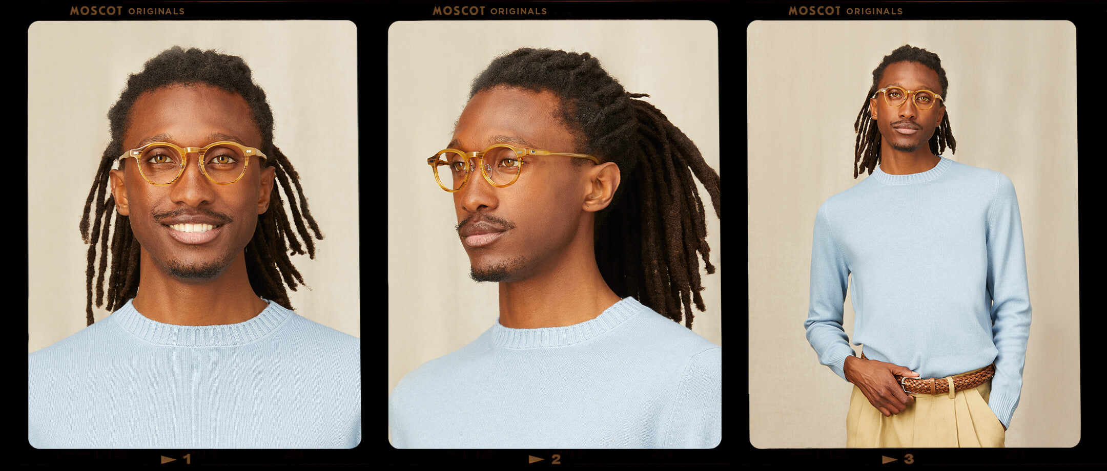 Model is wearing The MILTZEN W/ METAL NOSE PADS in size 46 in Blonde