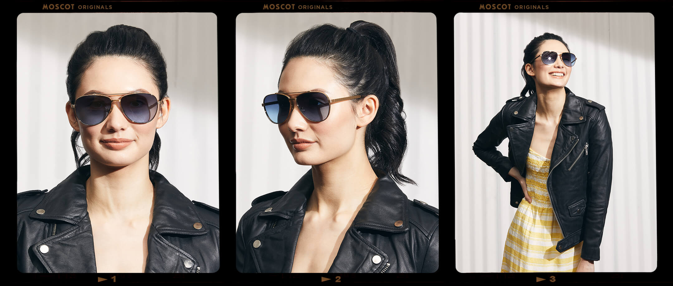 Model is wearing The SHAV SUN in Gold in size 62 with Denim Blue Tinted Lenses