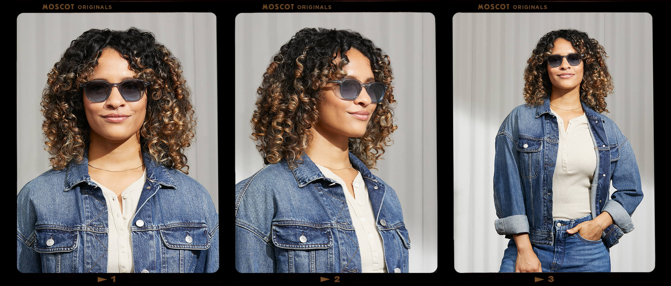 Model is wearing The BILLIK SUN in Light Blue in size 50 with Denim Blue Tinted Lenses