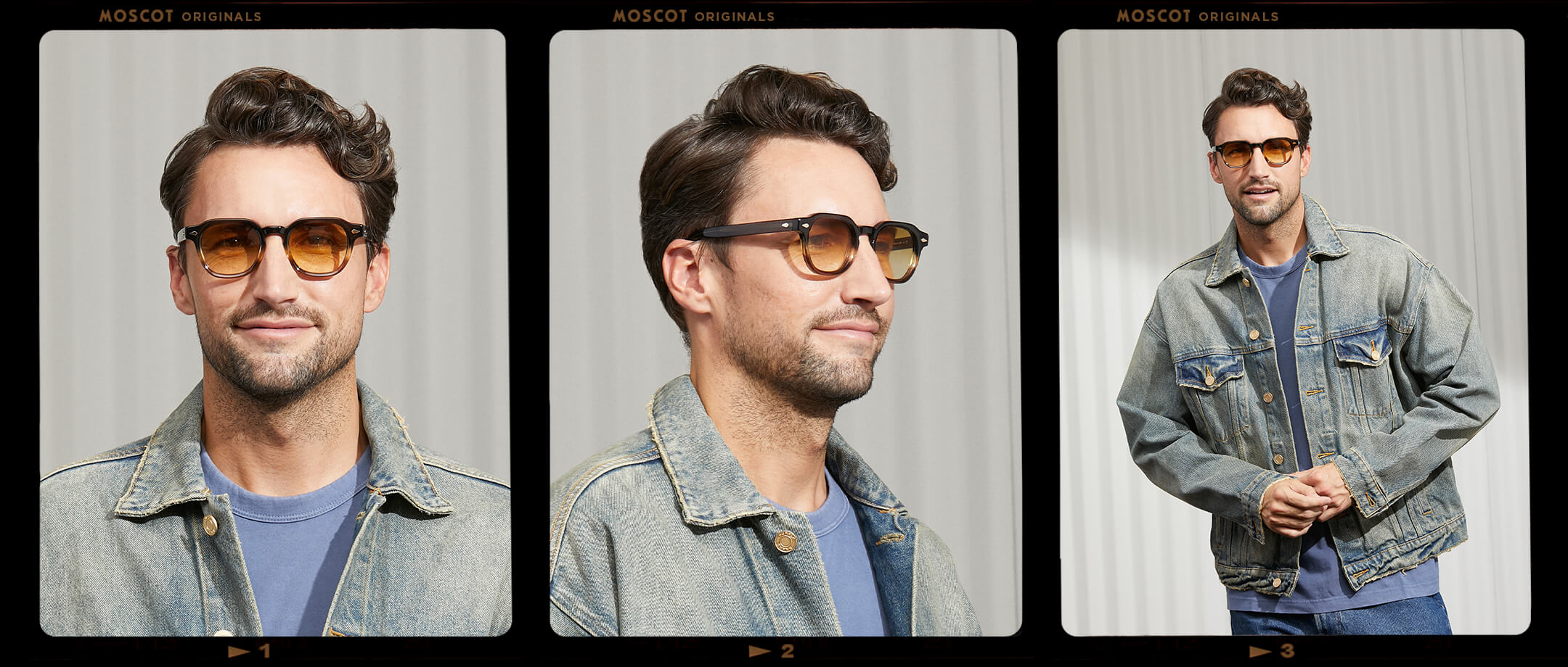 Model is wearing The DOLT SUN in Grey-Brown Fade in size 49 with Chestnut Fade Tinted Lenses