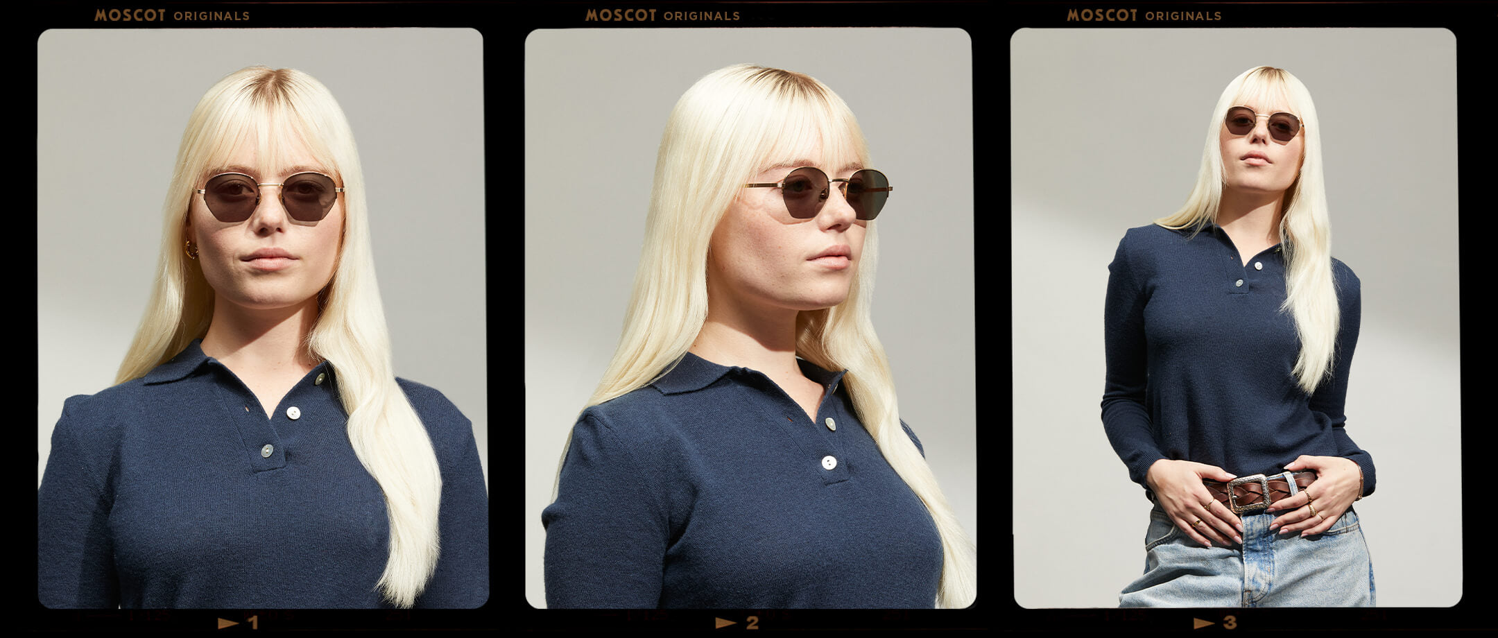 Model is wearing The PLOTZ SUN in size 49 in Gold with G-15 Tinted Lenses