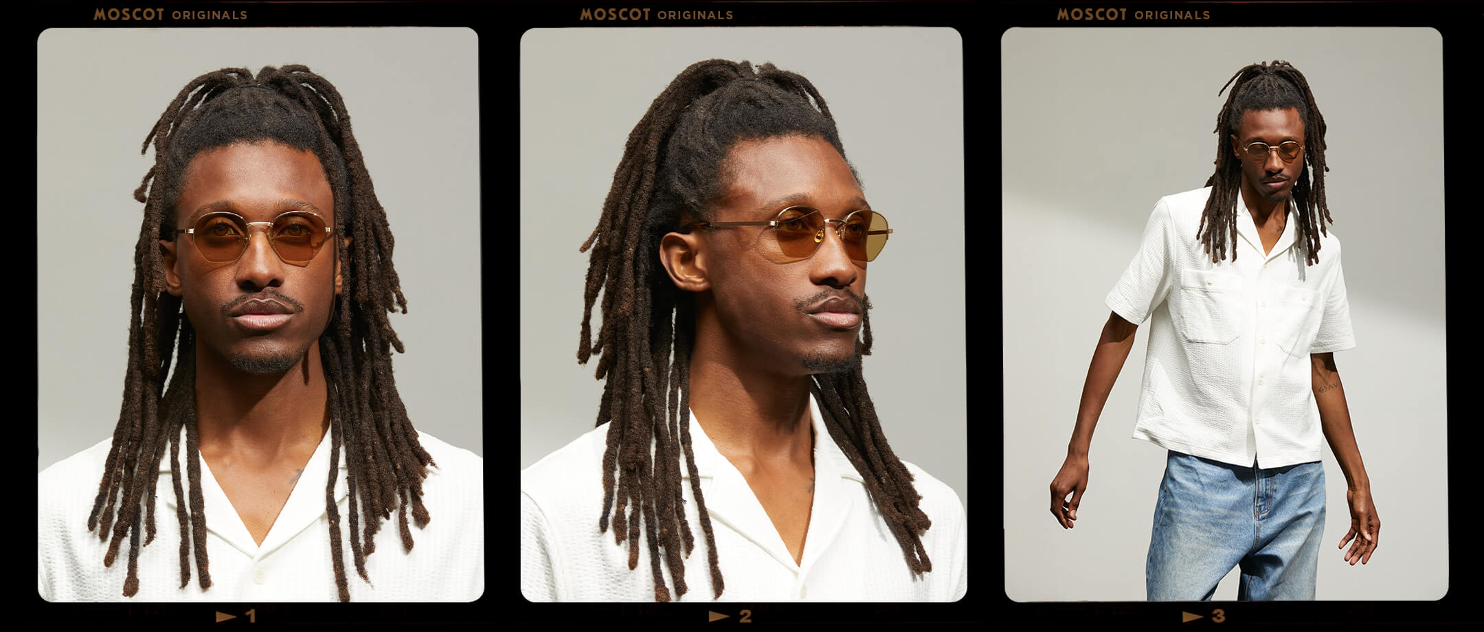 Model is wearing The PLOTZ SUN in size 49 in Gold with Amber Tinted Lenses