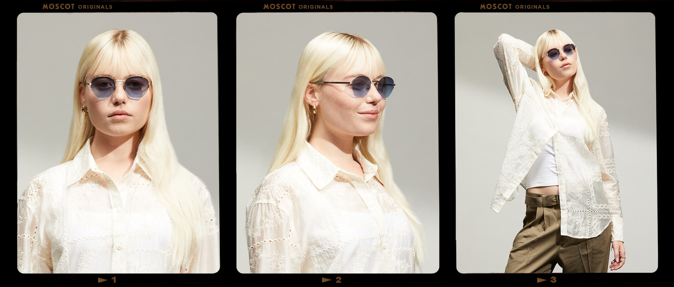 Model is wearing The PLOTZ SUN in size 49 in Silver with Denim Blue Tinted Lenses