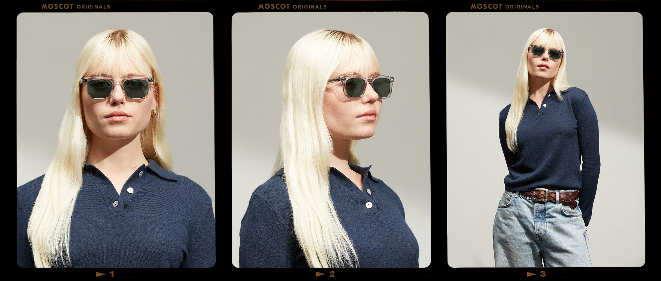 Model is wearing The ZISSEL SUN in size 49 in Light Grey with G-15 Tinted Lenses