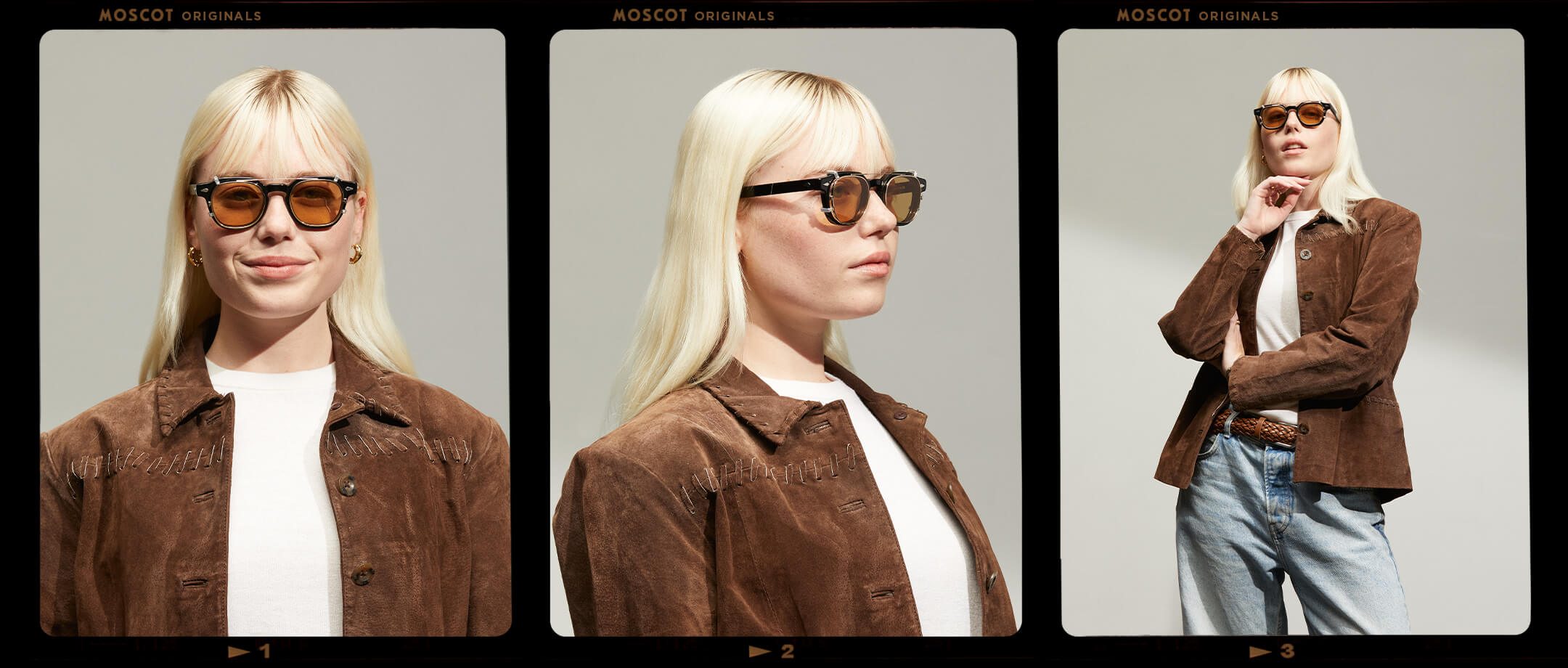 Model is wearing The DOLT CLIP in Gold in size 46 with Amber Tinted Lenses