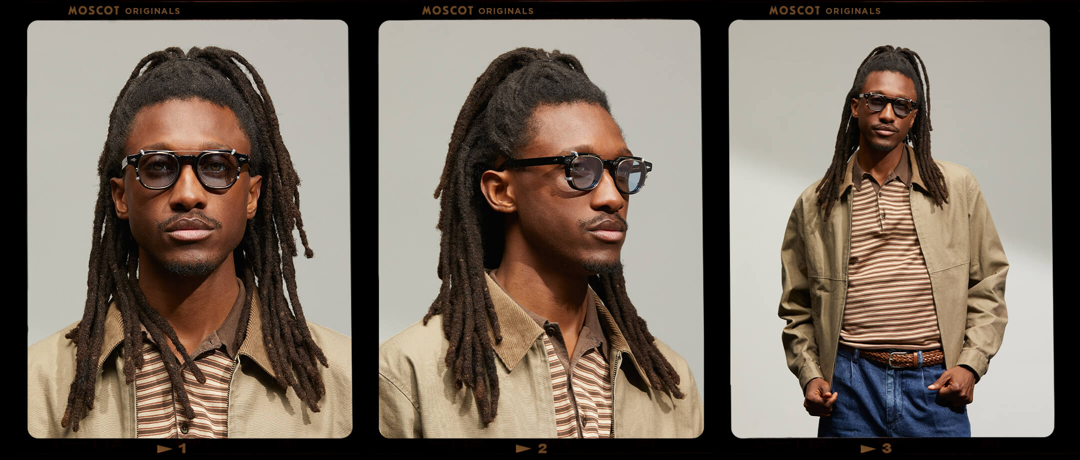 Model is wearing The DOLT CLIP in Gold in size 46 with Bel Air Blue Tinted Lenses