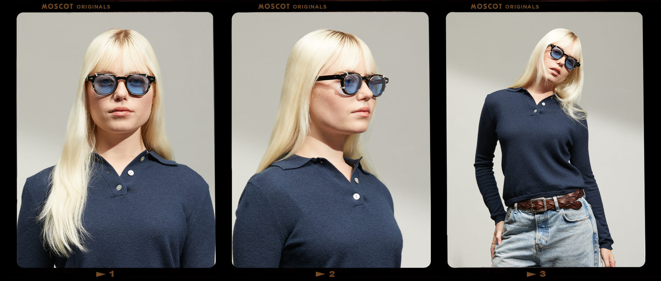 Model is wearing The DOLT CLIP in Gold in size 46 with Celebrity Blue Tinted Lenses