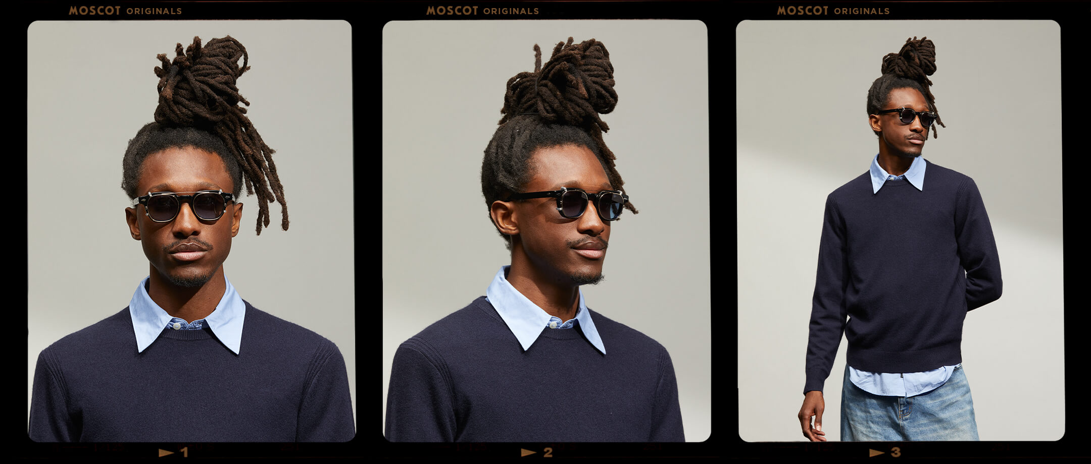 Model is wearing The DOLT CLIP in Gold in size 46 with Denim Blue Tinted Lenses