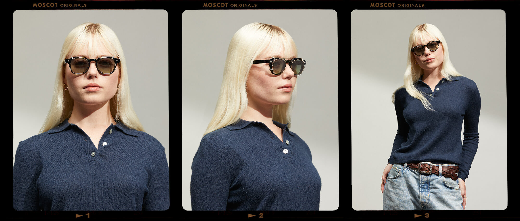 Model is wearing The DOLT CLIP in Gold in size 46 with Forest Wood Tinted Lenses