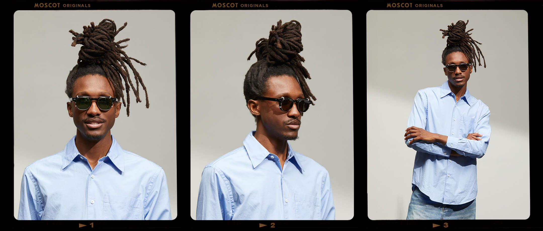 Model is wearing The DOLT CLIP in Gold in size 46 with G-15 Tinted Lenses