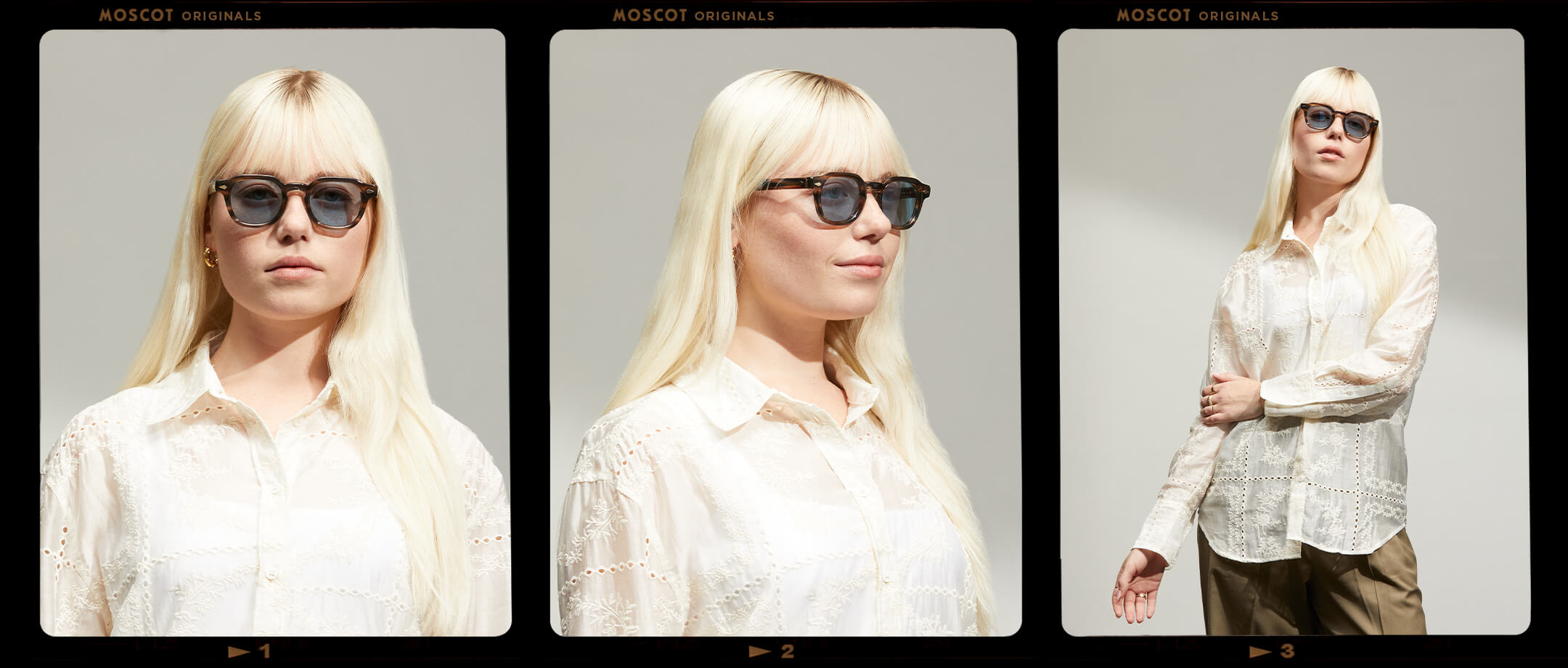 Model is wearing The DOLT SUN Limited Edition in size 46 in Bark with Blue Tinted Lenses