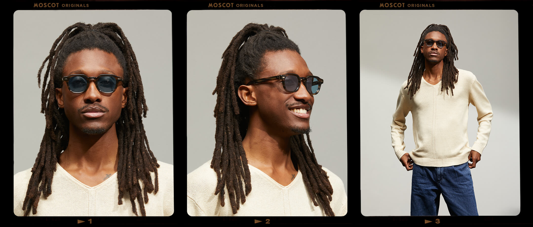 Model is wearing The DOLT SUN Limited Edition in size 46 in Bark with Blue Tinted Lenses