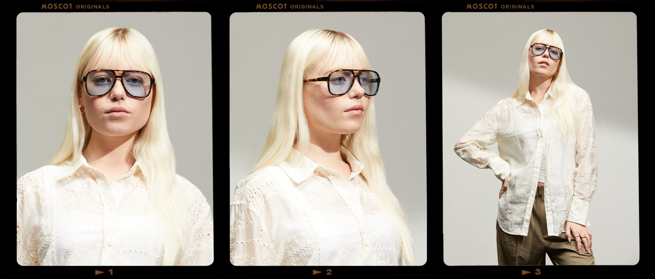 Model is wearing The SHEISTER SUN in Tortoise in size 57 with Bel Air Blue Tinted Lenses