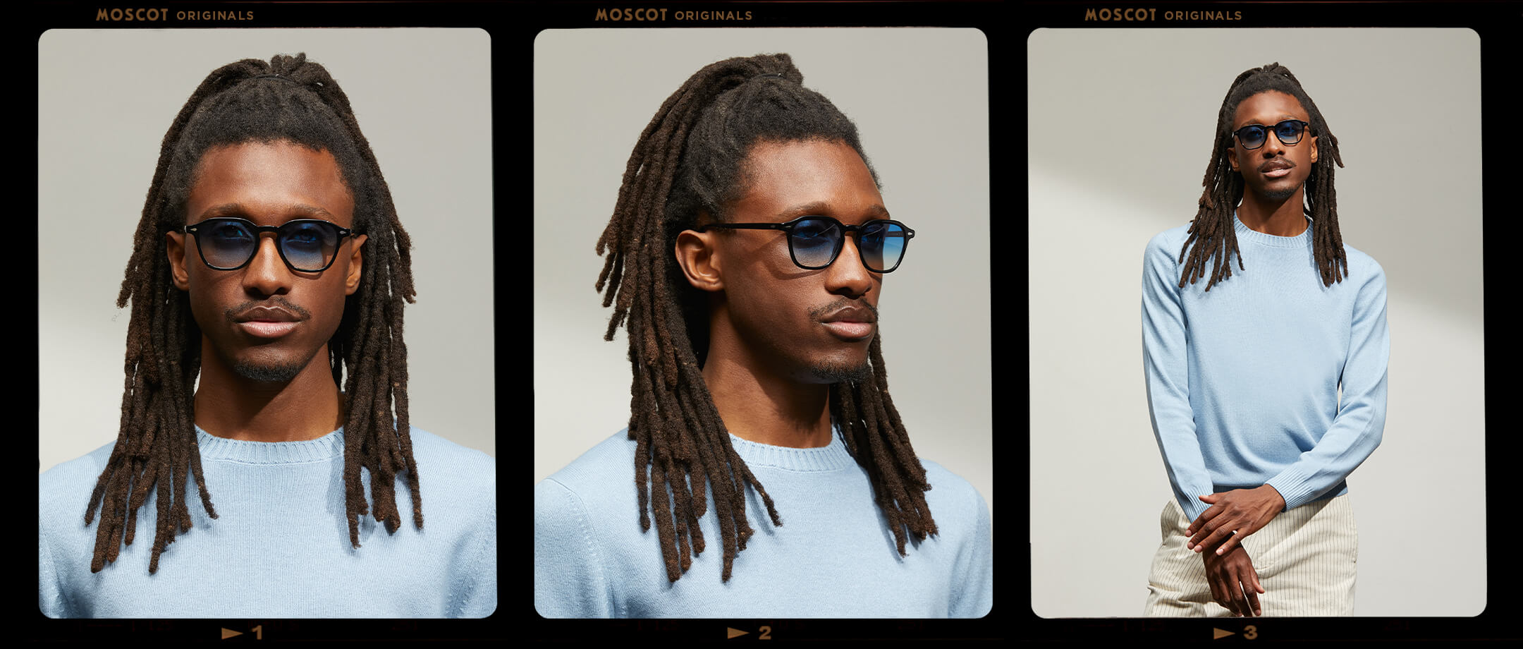 Model is wearing The VANTZ SUN in Black in size 50 with Broadway Blue Fade Tinted Lenses